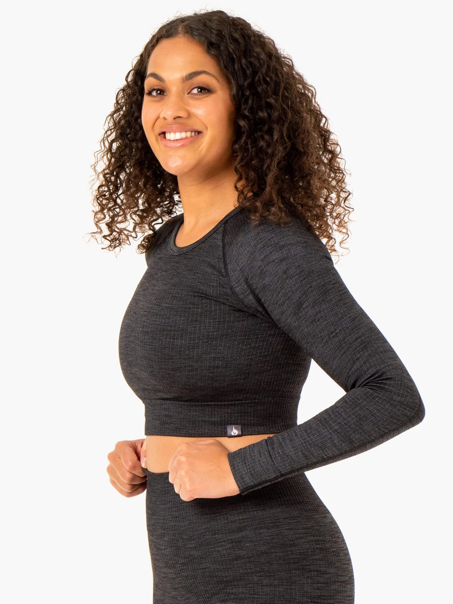 Rib Seamless Long Sleeve Top - Black Marl