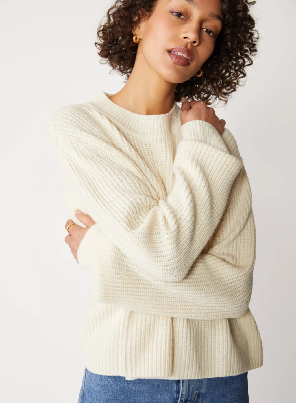 Ribbed Cashmere Tall Collar Sweater in Cream