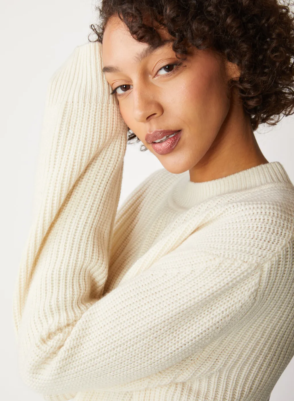 Ribbed Cashmere Tall Collar Sweater in Cream