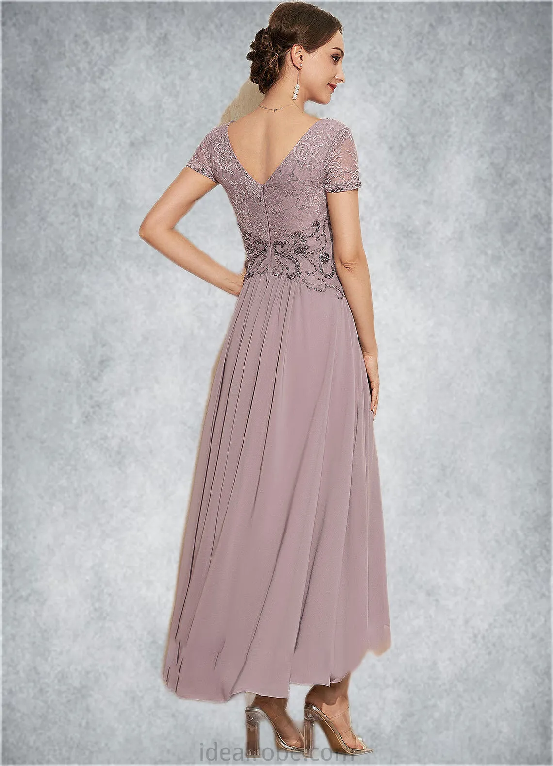 Robin A-Line V-neck Asymmetrical Chiffon Lace Mother of the Bride Dress With Beading STK126P0014799