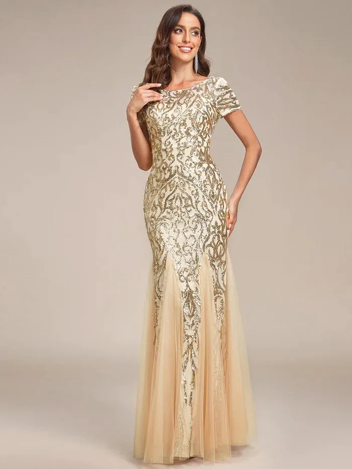 Round Neck Mermaid Sequin & Mesh Evening Dresses