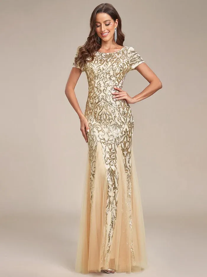 Round Neck Mermaid Sequin & Mesh Evening Dresses