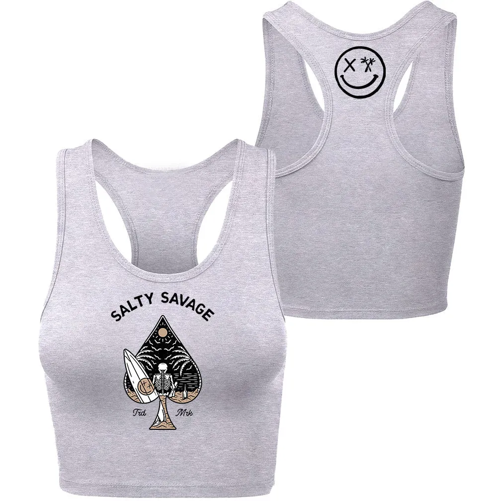 Salty Savage Ladies "Beach Spade" Skeleton Cropped Racerback Tank