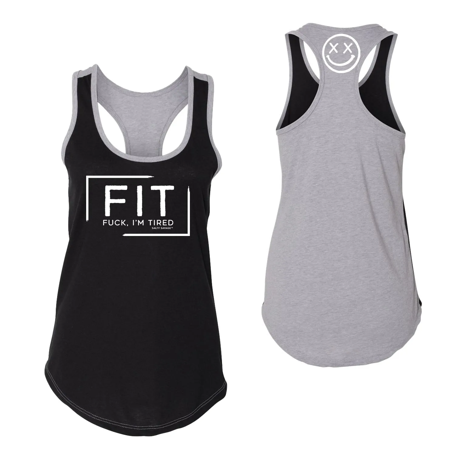 Salty Savage Ladies "FIT Fuck, I’m Tired" Two Tone Racerback Tank | Black/Gray