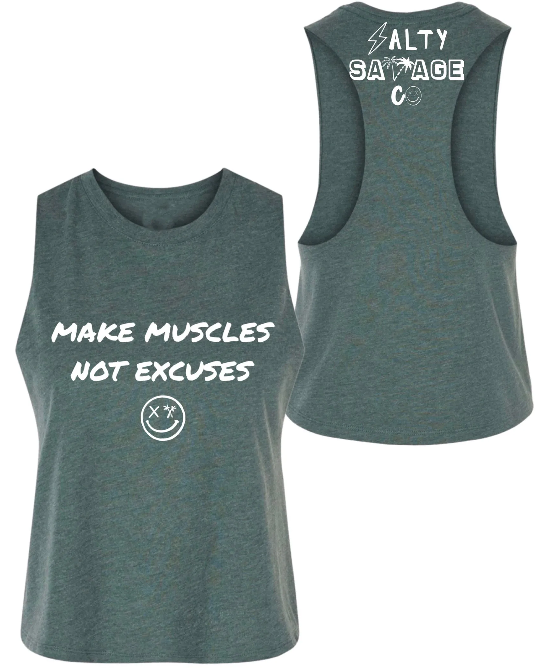 Salty Savage Ladies "MAKE MUSCLES, NOT EXCUSES" Flowy Racerback Crop Tank