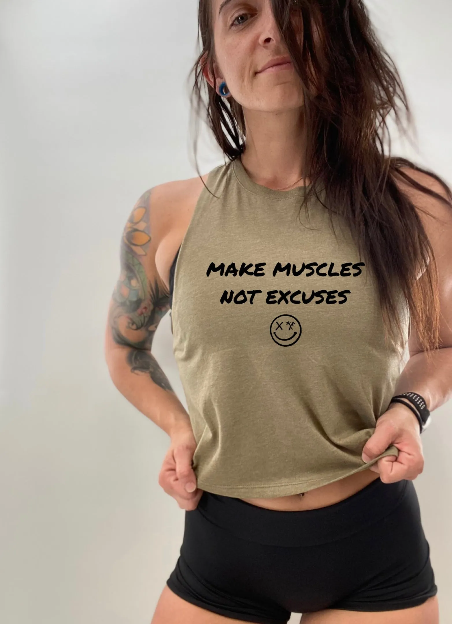 Salty Savage Ladies "MAKE MUSCLES, NOT EXCUSES" Flowy Racerback Crop Tank