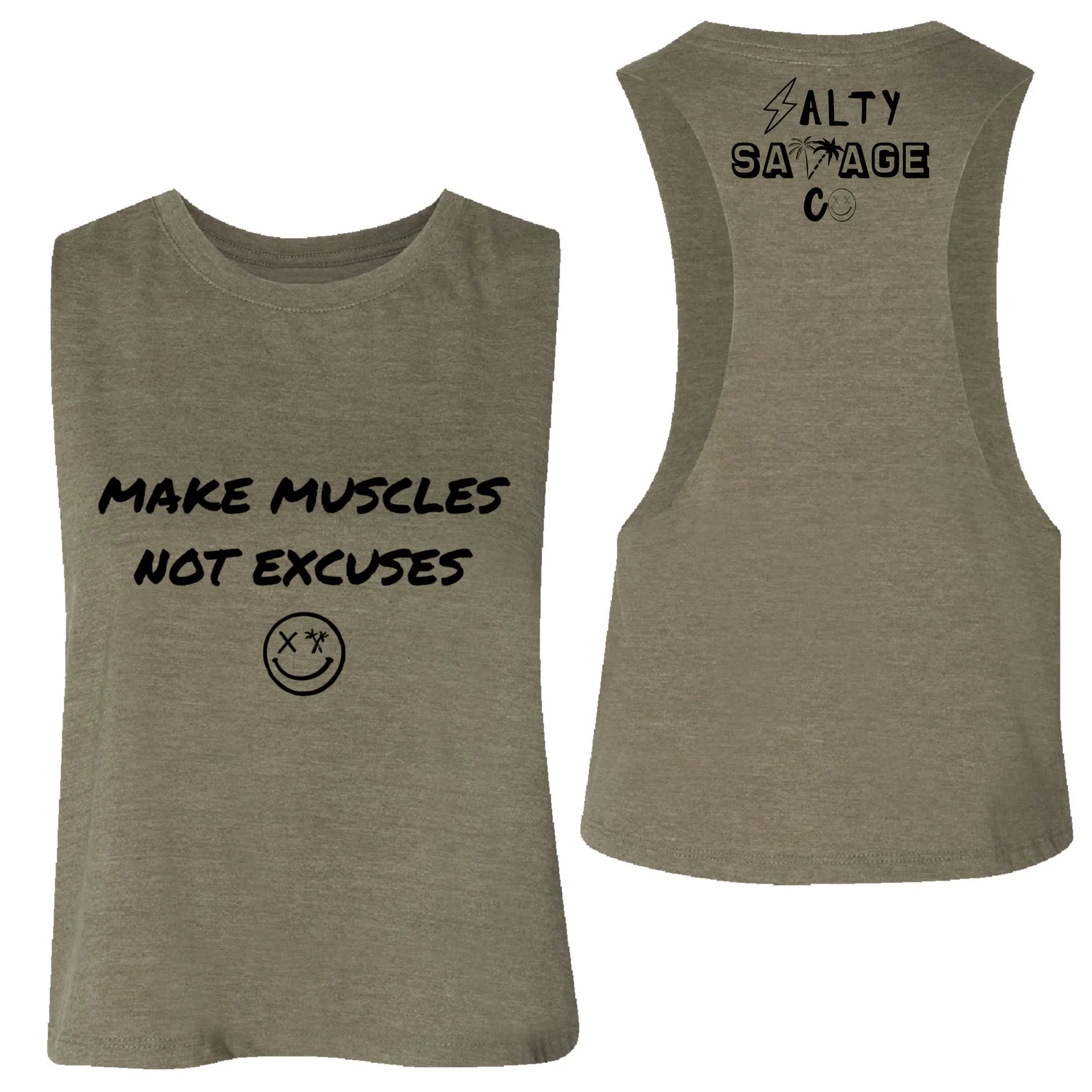 Salty Savage Ladies "MAKE MUSCLES, NOT EXCUSES" Flowy Racerback Crop Tank