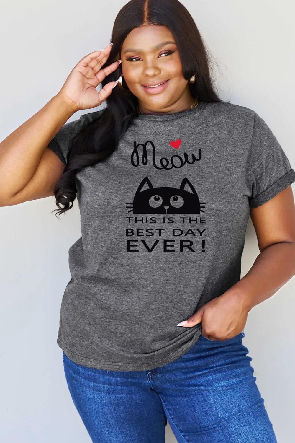 Simply Love Full Size MEOW THIS IS THE BEST DAY EVER! Graphic Cotton T-Shirt