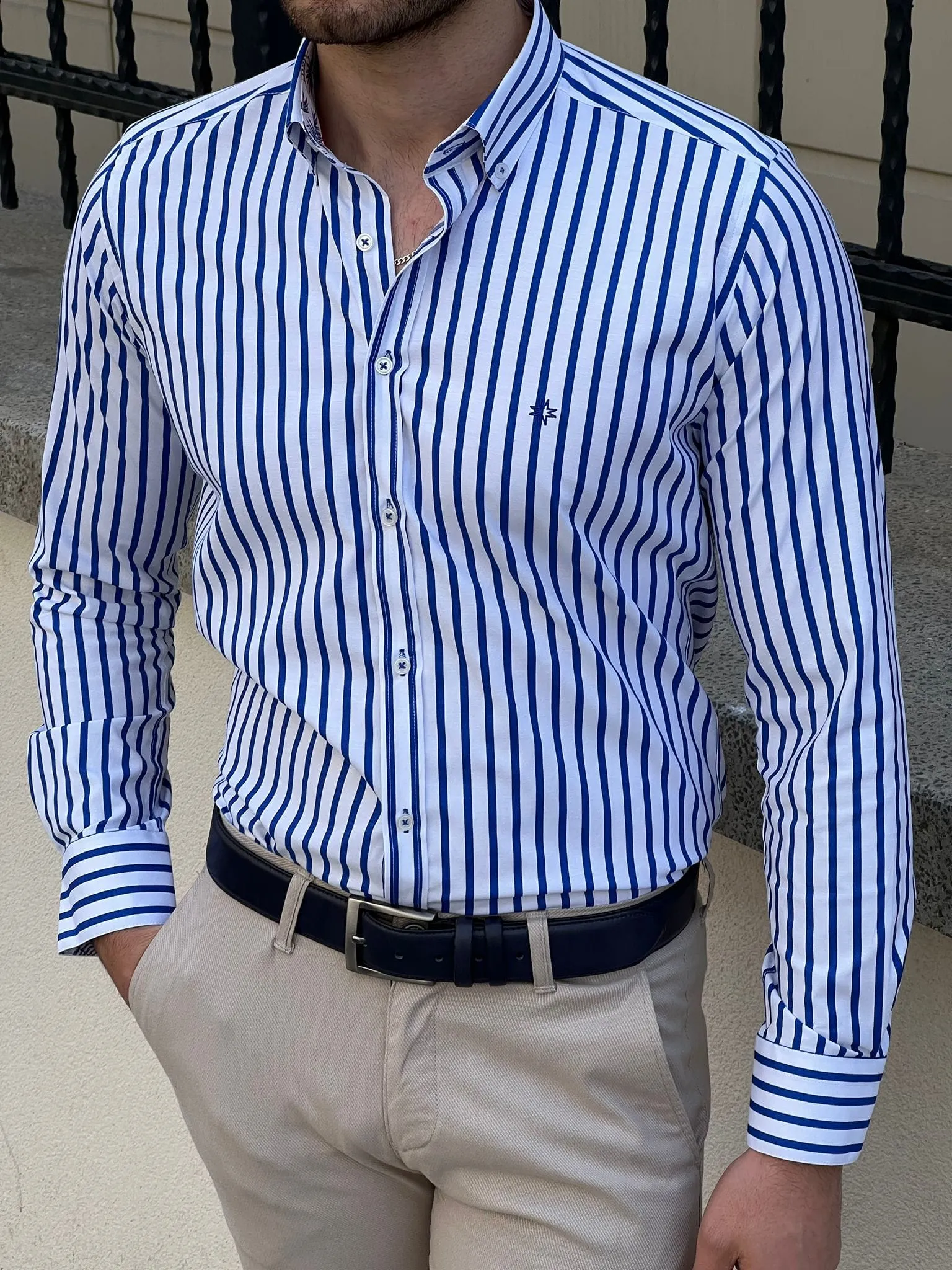 Slim Fit Striped Cotton White & Sax Shirt