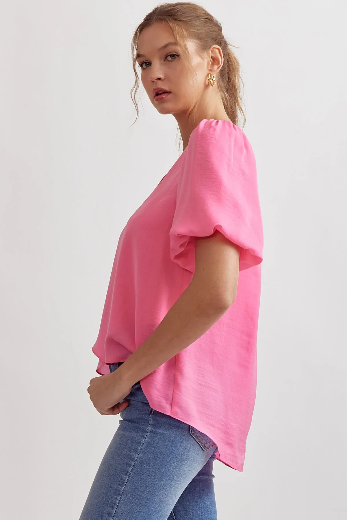 Solid V-Neck Puff Sleeve Short Sleeve Top