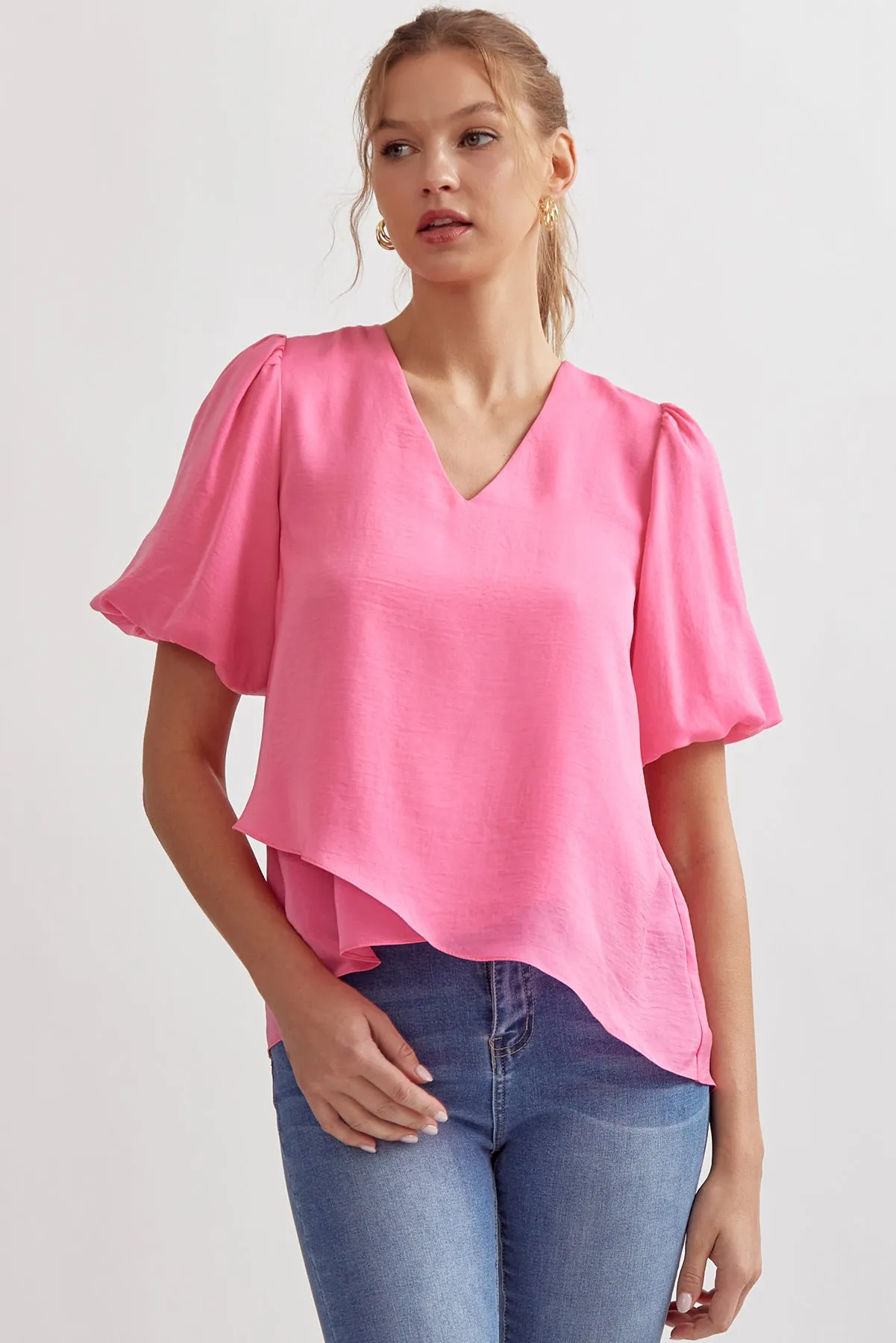 Solid V-Neck Puff Sleeve Short Sleeve Top