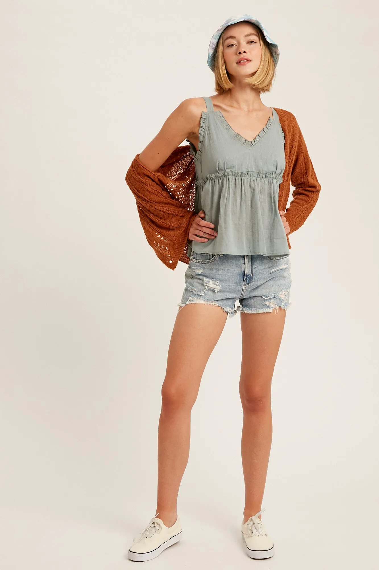 Textured Cotton V-Neck Ruffle Camisole Top