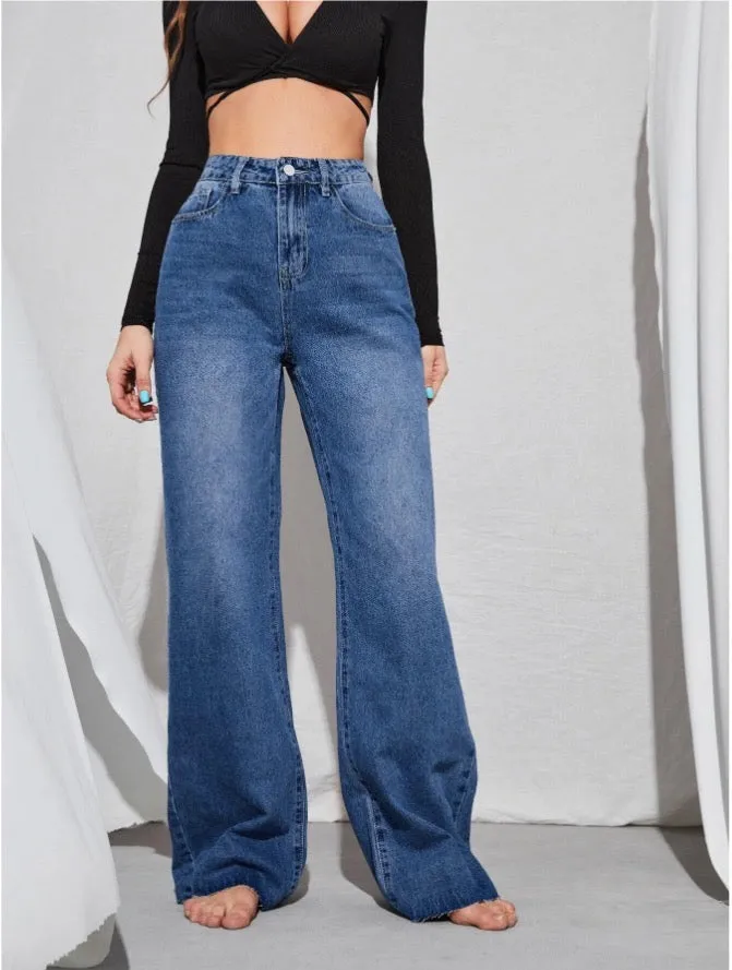 Twilight Blue Raw Hem Wide Leg Jeans