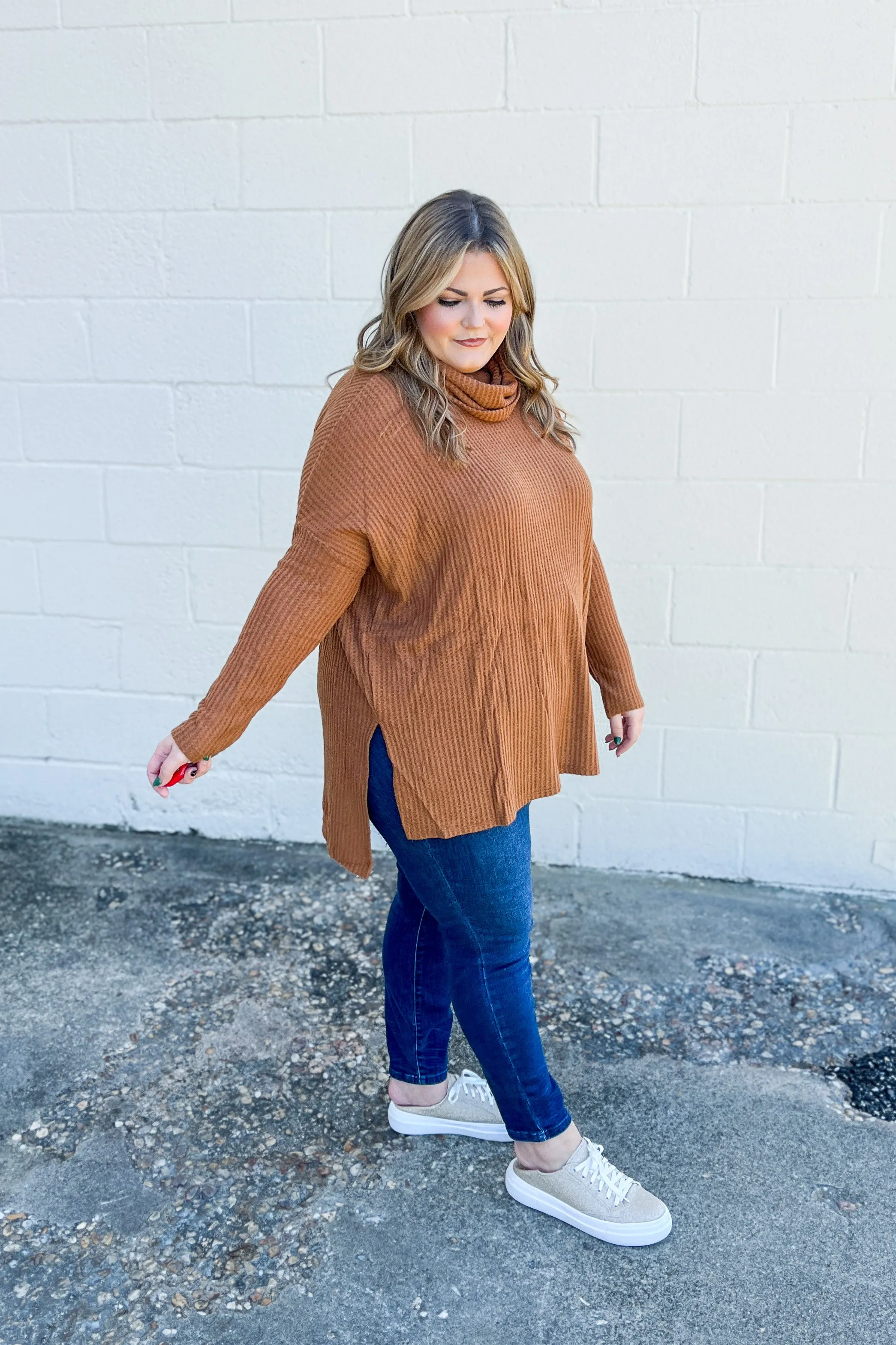 Waffle Knit Cowl Neck Tunic Top, Camel