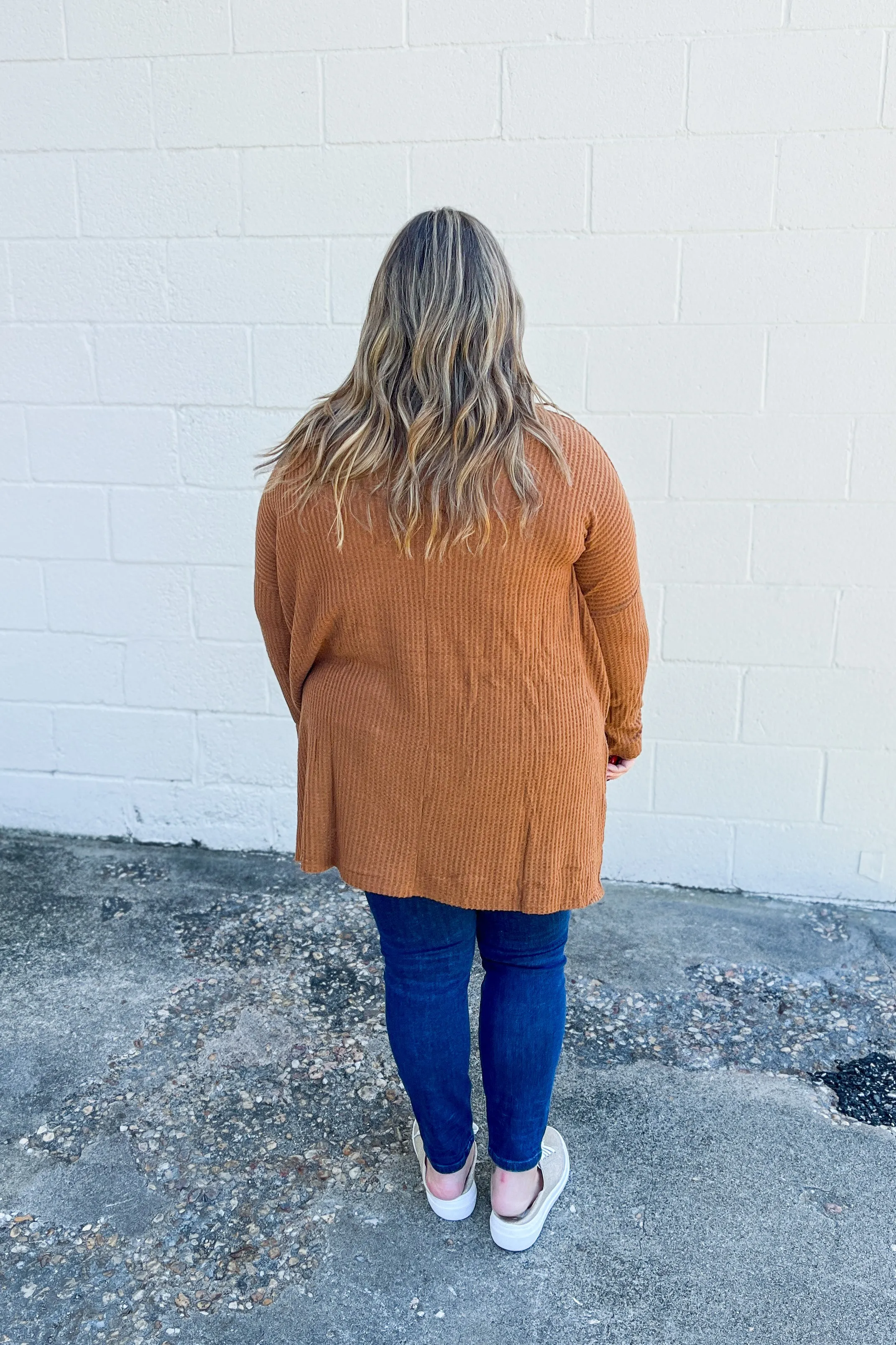 Waffle Knit Cowl Neck Tunic Top, Camel