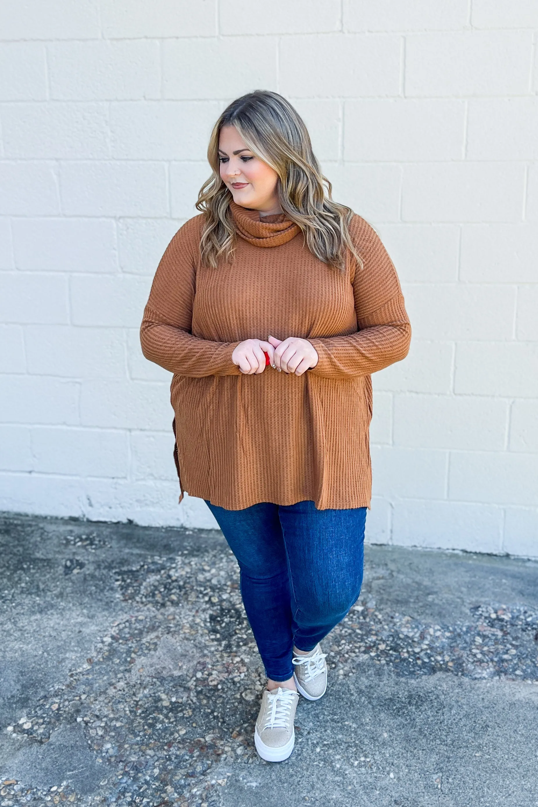 Waffle Knit Cowl Neck Tunic Top, Camel