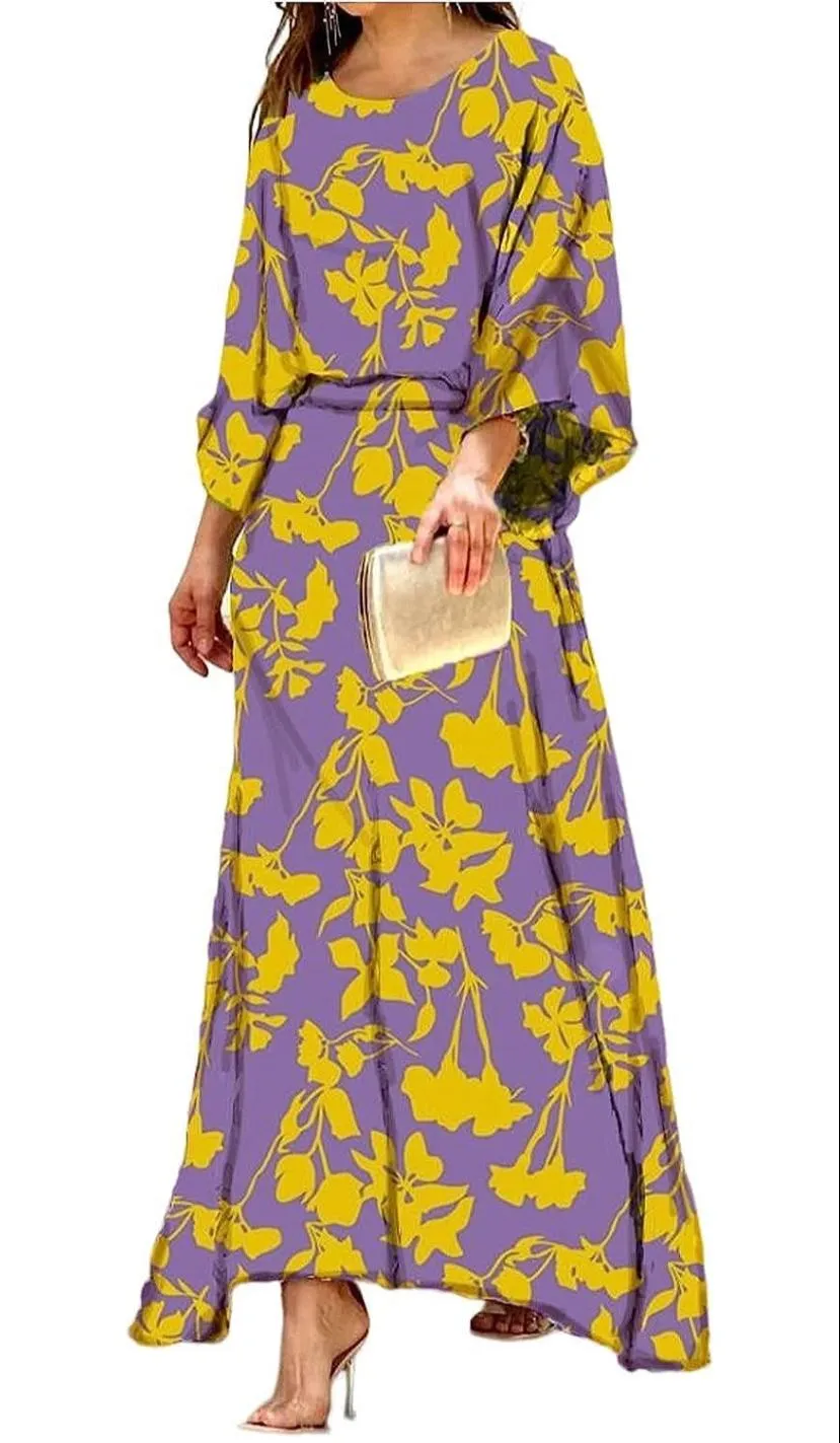 Women Summer Loose Printed Doll Sleeve Long Sleeve Top High Waist Long Skirt Suit S4600002