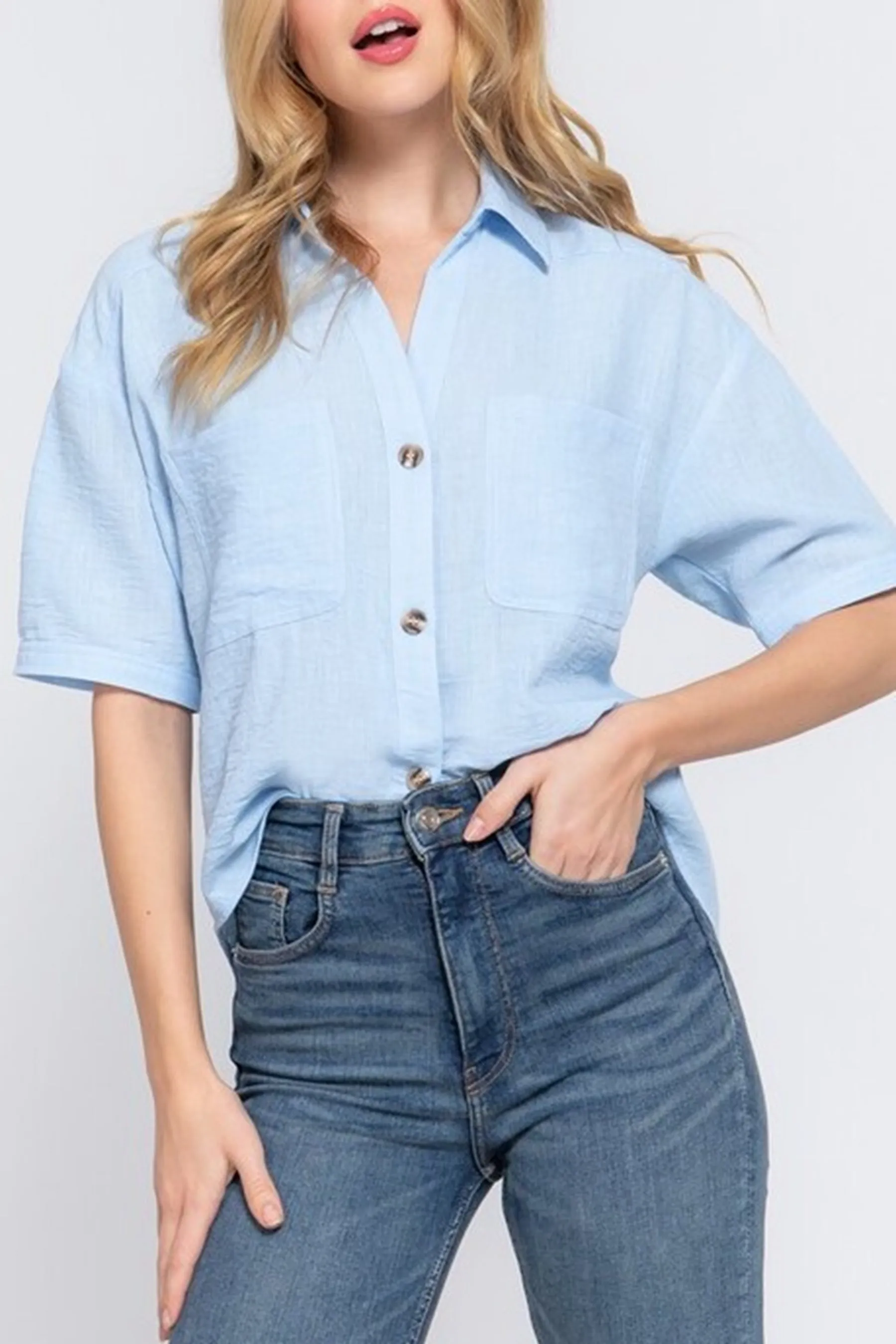 Women's Casual Short Sleeve Button Down Linen Effect Shirt