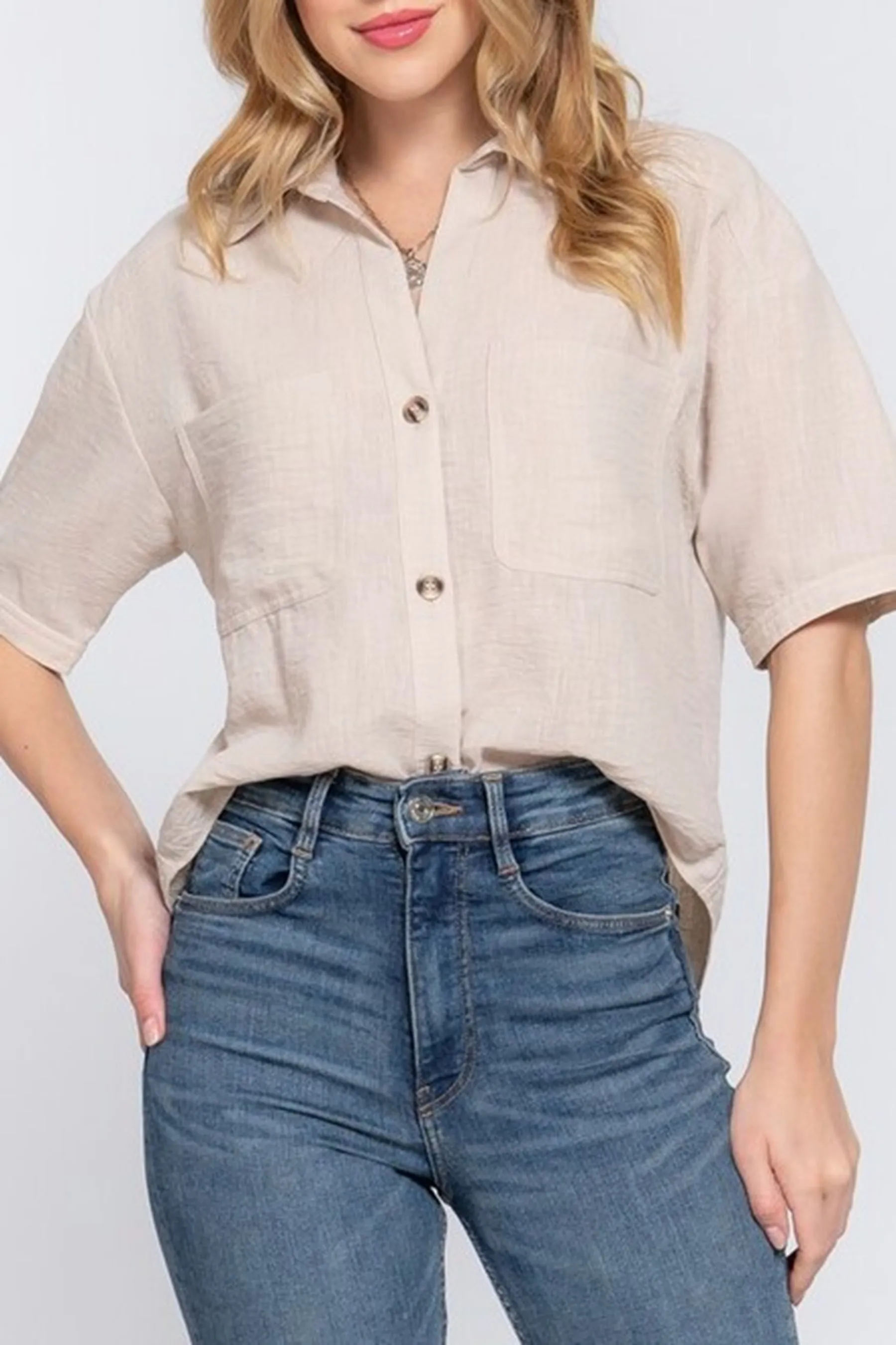 Women's Casual Short Sleeve Button Down Linen Effect Shirt