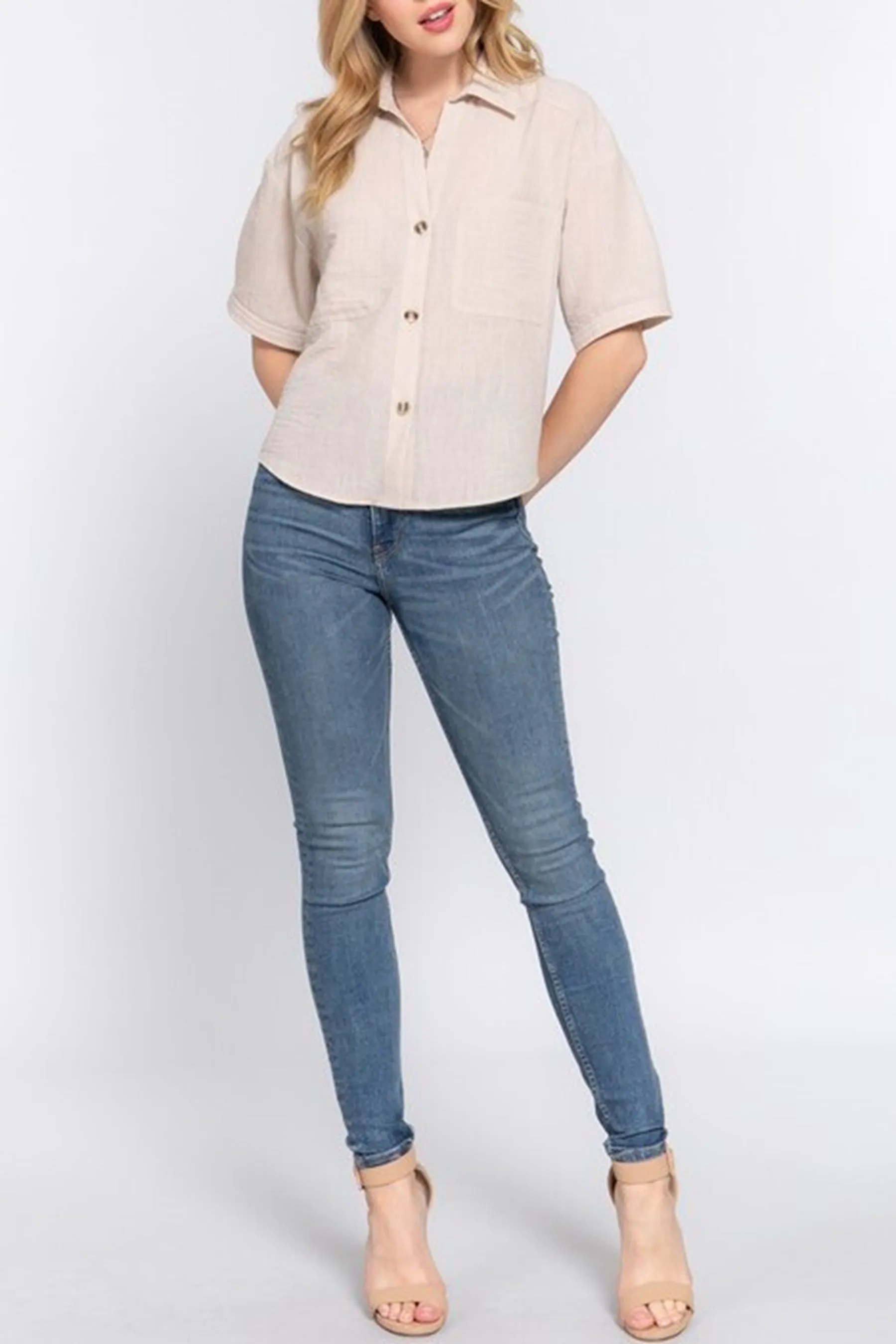 Women's Casual Short Sleeve Button Down Linen Effect Shirt