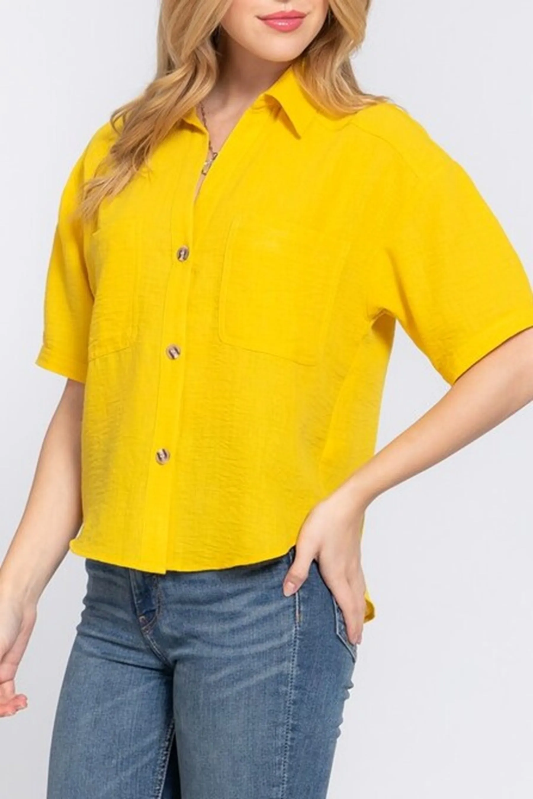 Women's Casual Short Sleeve Button Down Linen Effect Shirt