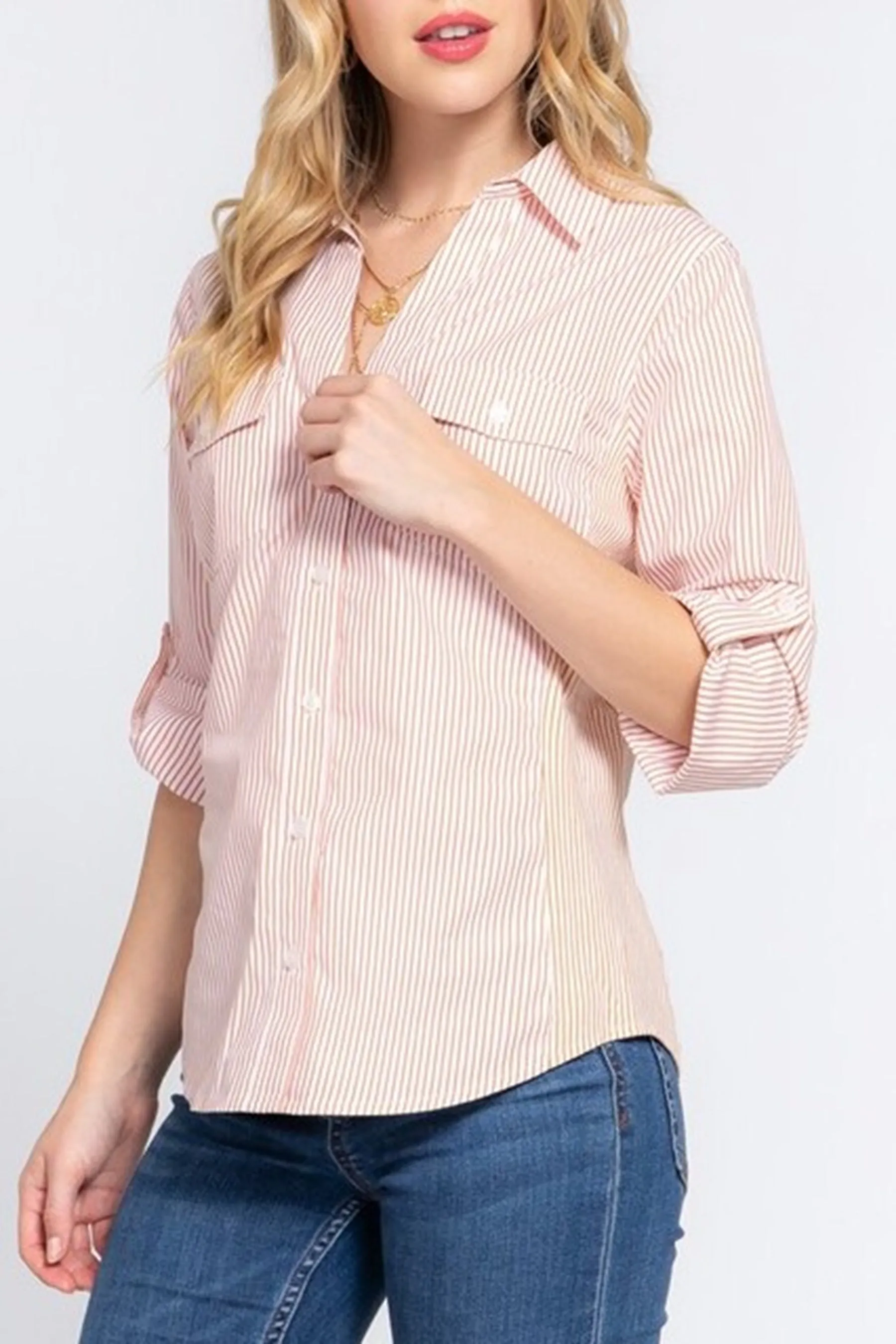 Women's Long sleeve with tab side rib panel y/d stripe Shirts