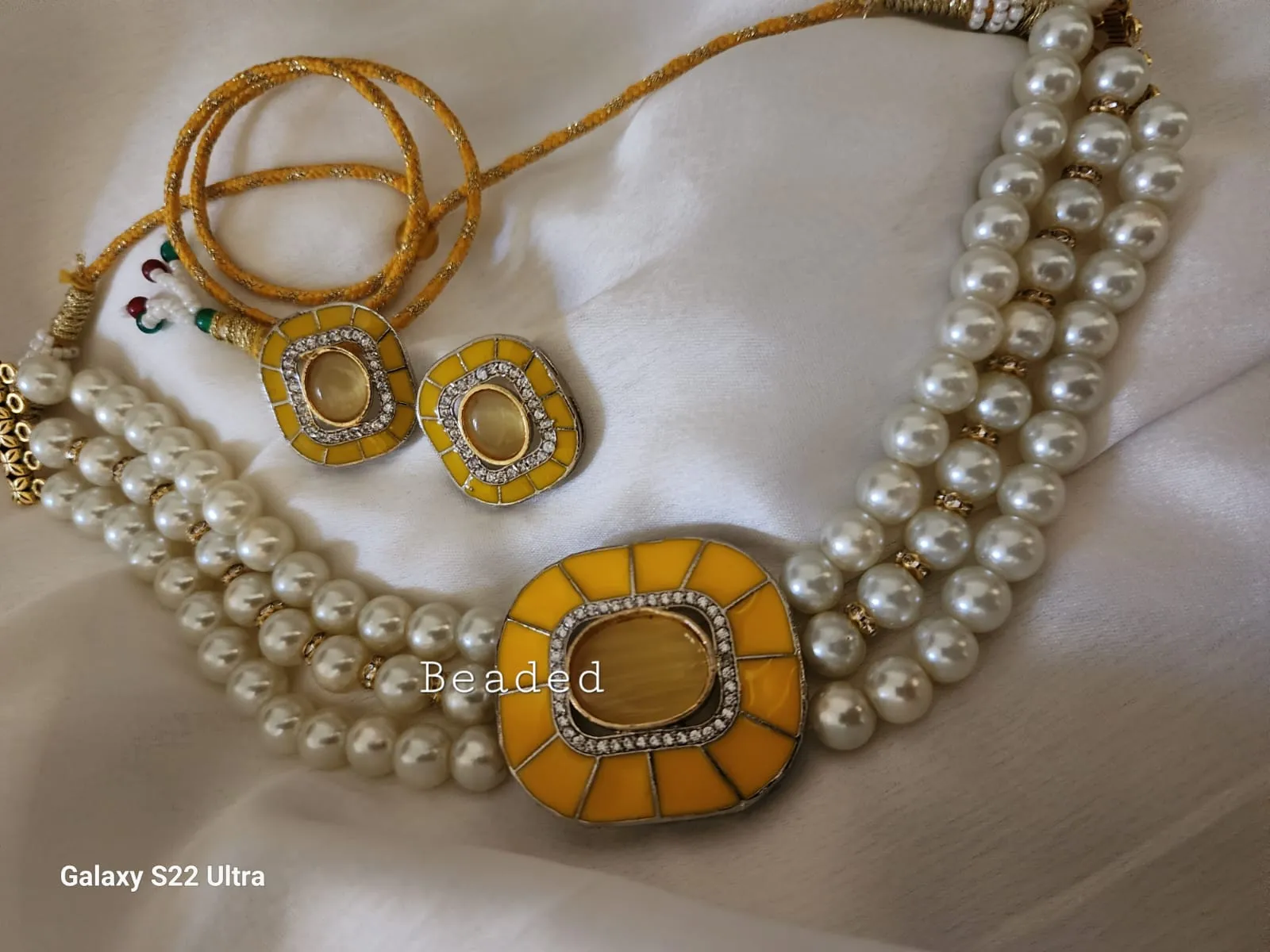 Yellow Amelia , Trendy Kundan Necklace Set with  Three Layered Pearls for women -LR001PCY