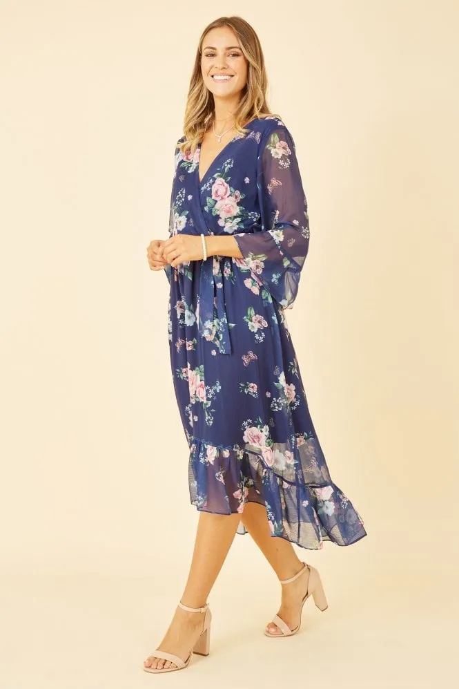 Yumi Navy Floral Wrap Dress With Dipped Hem